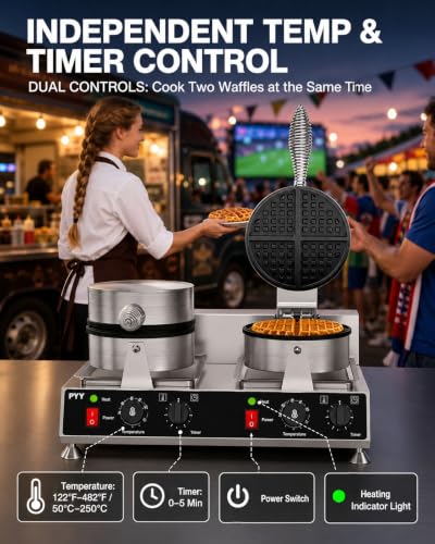 Image of PYY Commercial Waffle Maker, Double-Head Round Waffle Baker Machine, 2500W Stainless Steel Non-Stick Electric Waffle Iron with Temp & Timer Control, for Restaurant Bakery Snack Bar Cafe