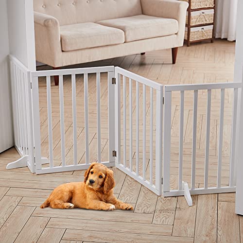 The Fellie Absperrgitter Hund, Freistehendes Schutzgitter mit Füßen, Kindergitter Klappbar, Holz Hundegitter Treppe, Treppenschutzgitter ohne Bohren, Absperrgitter für Häuser, Türöffnungen,H60cm,Weiß