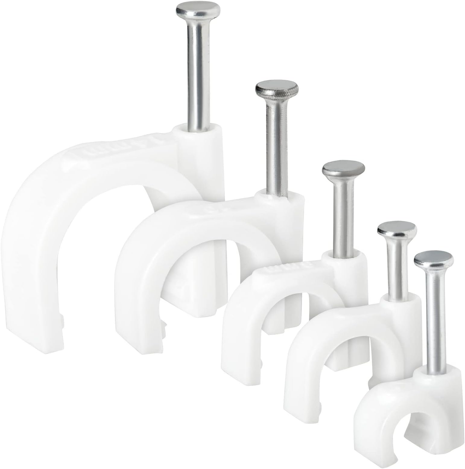 Juvale 500-Pack Round Cable Wire Clips for Wall Mounting, Extension Cord Holders, and Cable Management Staples in 5 Sizes for RJ45 Ethernet Connectors, Nails Included (4, 6, 8, 10 & 14mm, White)