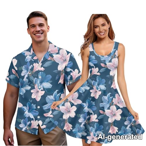 Image of Hawaii Matching Couple Outfits Husband and Wife Clothing Fashionable Mens Casual Shirts Hawaii Dress with Soft Fabric