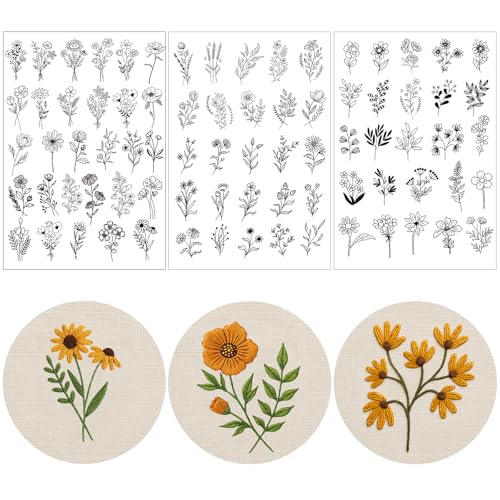 Flower Water Soluble Embroidery Patterns, 3 Sheets 80 Pcs Stick and Stitch Embroidery Papers Wash Away, Transfer Paper with Pre-Printed Floral Leaves Designs for Hand Sewing Lovers Beginners