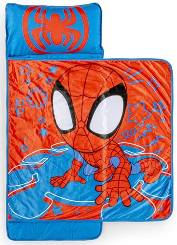 Jay Franco Kids Nap Mat with Embedded Pillow & Blanket Soft 46x20 Microfiber Sleeping Bag with Name Tag & Handle for School Travel Sleepover Red - Spidey