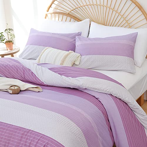 Janzaa Queen Comforter Set Purple Comforter Set Soft Microfiber Queen Bed Set 3 Piece Striped Comforter Set With 2 Pillow Cases Lightweight Fluffy Lavender Bedding Down Alternative For All Season #TOP19