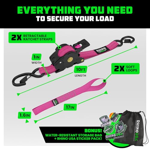 Image of Rhino USA Retractable Ratchet Straps (2-Pack) - 1 Inch x 10 Feet (1,209lb Break Strength) - Auto Self Retracting Tie Down Straps for Truck, Cargo Trailer, Motorcycle, ATV, UTV - Pink