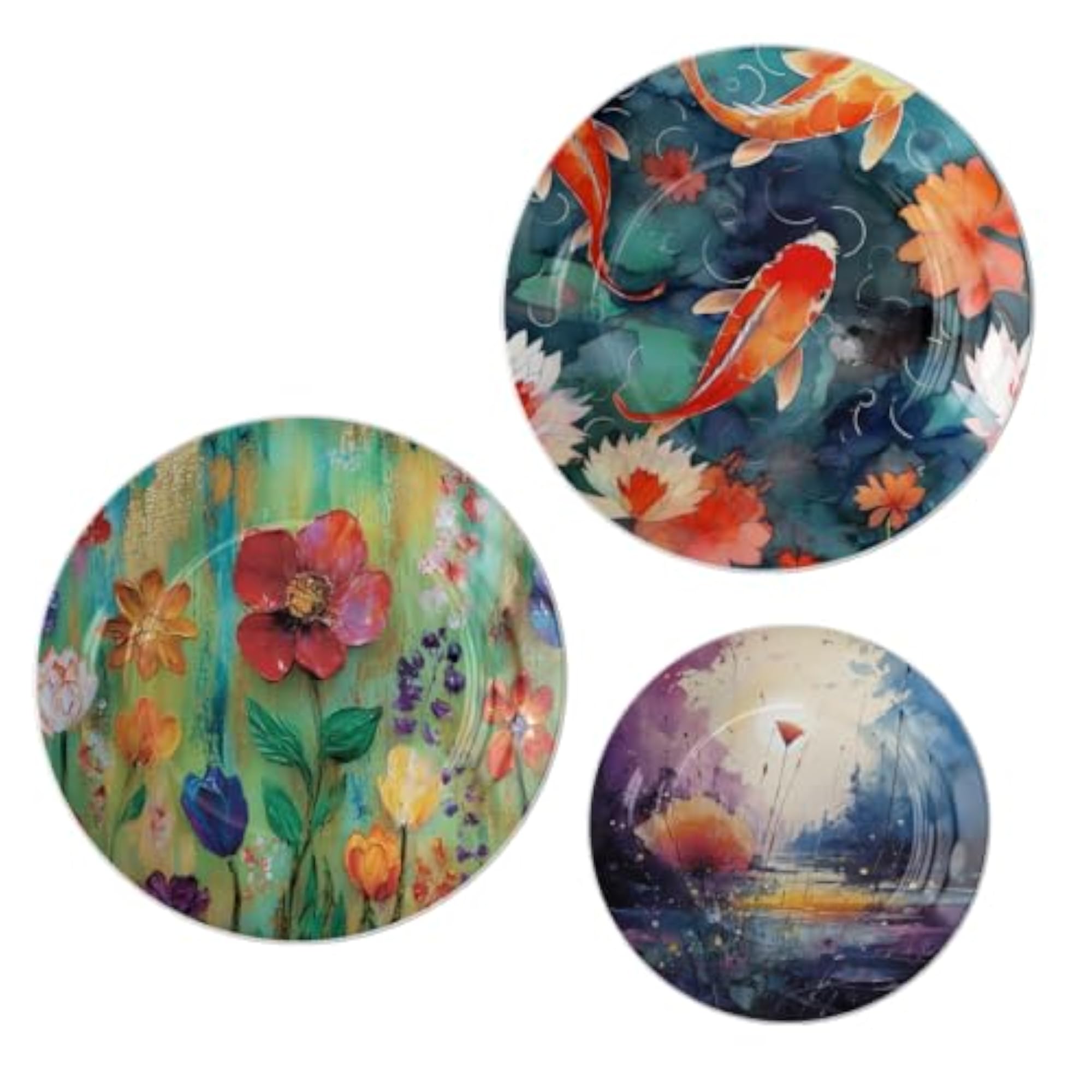 Set of 3 Artistic Koi Fish & Abstract Floral Ceramic Wall Plates