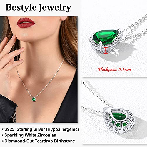 Bestyle Teardrop May Emerald Birthstone Necklaces Girls Green Crystal Pendants Embellished With White Crystals Sparkling Jewelry For Birthday/Christmas/Party/Anniversary/Wedding #TOP5