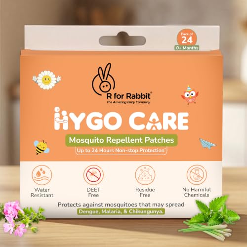 Image of R for Rabbit HYGOCARE 100% Natural Mosquito Repellent Patches for Baby 24-Hour Full Day Protection from Dengue, Malaria, Chikungunya Pack of 24 Patches