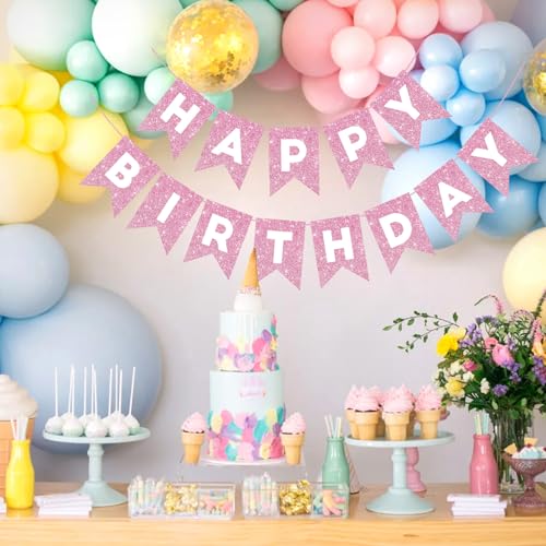 Image of Hooqict Happy Birthday Banner Pink Birthday Decorations for Girls Women 1st 2nd 3rd 13th 21th 30th Pink Party Banner Garland Sign Party Supplies Wall Porch Door Hanging Decor
