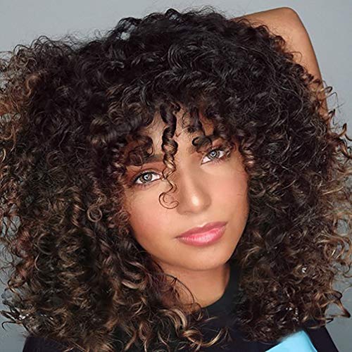 Short Curly Wigs for Black Women - Mixed Brown #2/33 Synthetic African American Full Kinky Curly Afro Hair Wig with Bangs (Free 1pc Professional Wig Comb and 4pcs Wig Caps)