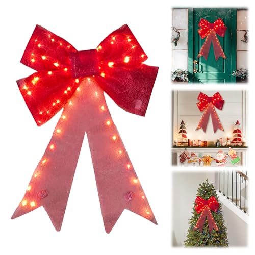 AZURAOKEY Nœud de Noël pré-éclairé 61 cm LED Rouge, décoration extérieure et intérieure, Arc Lumineux pour Arbre et Cour