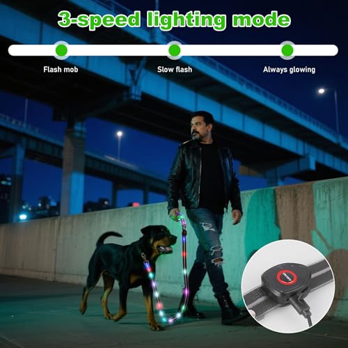 LED Hundeleine USB wiederaufladbar, 1,2 m wasserdicht & reflektierend, 3 Beleuchtungsmodi, Sicherheits-Leine für nächtliche Spaziergänge, Leuchtend Leine Hund für Große, Mittelgroße&Kleine Hunde