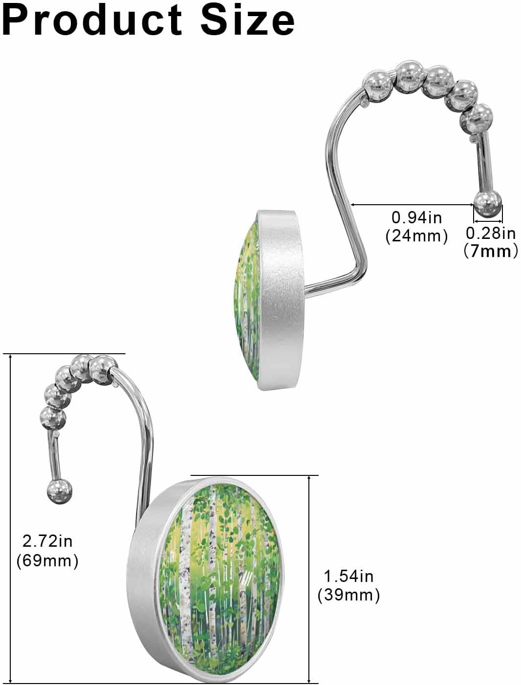 Shower Curtain Hooks 12 Pcs Green and Yellow Trees Forest Impressionist Oil Painting Art Stainless Steel Rust Proof Rolling Shower Curtain Rings, Decorative Shower Curtain Hooks Hangers for Bathroom