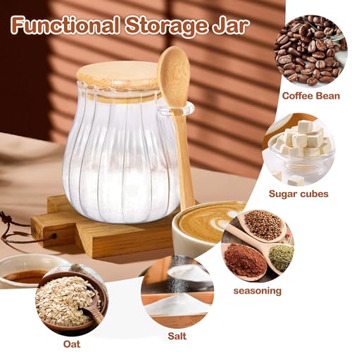 Quald 15oz Sugar Container with Bamboo Lid and Spoon,Sugar Bowl Glass Jar for Coffee Bar Accessories Coffee Canister Kitchen Decor (Medium)