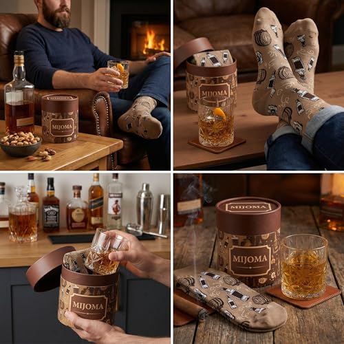 MIJOMA Geschenkset Trinkglas & Socken – originelles Männergeschenk in Tube Box – Socken mit Alkohol-Motiv – Glas 280 ml – lustiges Geschenk für Genießer und Spirituosen-Liebhaber (Rum Lover)