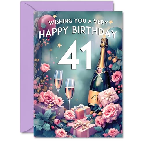 Giftzie Tarjeta de cumpleaños número 41, botella de champán, regalo rosa, hermosas tarjetas de cumpleaños para mujeres de 41 años, tarjetas de felicitación A5 de regalo