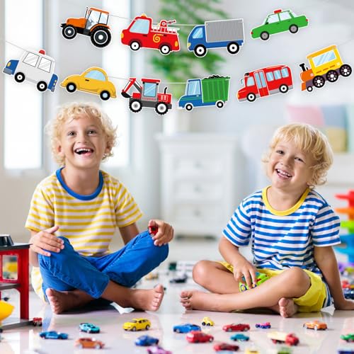 Image of Hooqict Happy Birthday Banner Transportation Birthday Decorations Car Train Truck Bus Excavator Traffic Party Banner Garland Sign for Kids Boys 1st 2nd 3rd Transportation Vehicle Theme Birthday Party Supplies