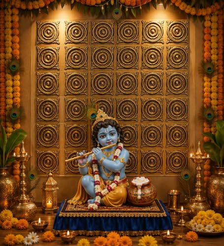Image of SATYAM KRAFT 9 Piece Ganpati Bappa Backdrop, janmashtami Decor | Wall Panels (9 pcs set) | 30 x 30 CM Each Panel | 90 x 90 CM DIY Mandap Background | 9 Panels | Includes Double-Sided Tape (Golden)