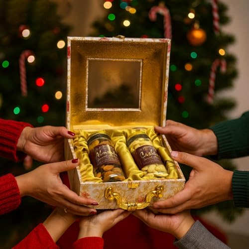Image of Purevida Premium Decorative Wooden Gift Box with Mixed Dry Nuts - Vintage Mosaic Design, Brass Handle | Festive Dry Fruit Hamper for Christmas & New Year Gifting (Pack of 2)
