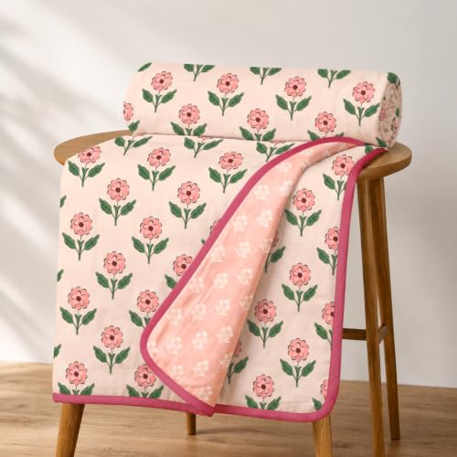 Image of Homestan Reversible All Season Cotton Feel Dohar for Single Bed,Soft Light Weight AC Blanket /Comforter for Summer /Winter /Monsoon (58x86 Inches, Blossom Blush)