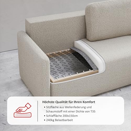 MOTIVENA Notti 3 Sitzer Sofa mit Bettfunktion, Schlafsofa 235 cm Breit, Klappsofa mit Schlaffunktion, Schlafsofa mit Bettkasten, Bettsofa mit Schlaffunktion, Boucle Sofa Beige (Creme) – Bild 8