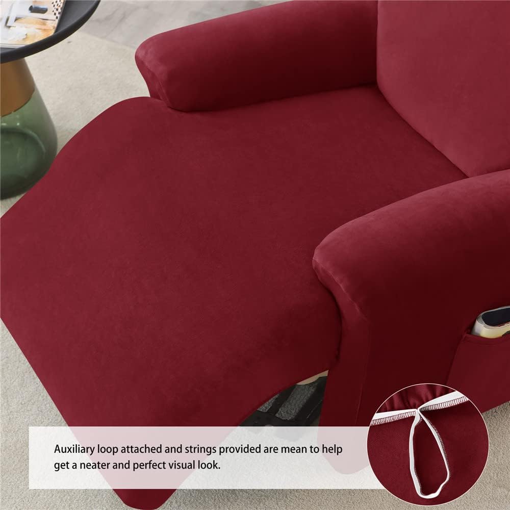 Stretch Armchair Slipcovers Recliner Covers with Pockets Velvet Recliner Chair Slipcovers Non-Slip Armchair Sofa Cover Spandex Furniture Protector for Living Room (Burgundy red,1 Seater)