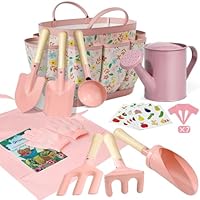 Kids Gardening Set 14Pcs Gardening Tools for Kids with Tote Bag,Watering Can, Shovel, Apron, Garden Book and More Educational STEM Learning Outdoor for Toddlers Boys Girls (Pink)