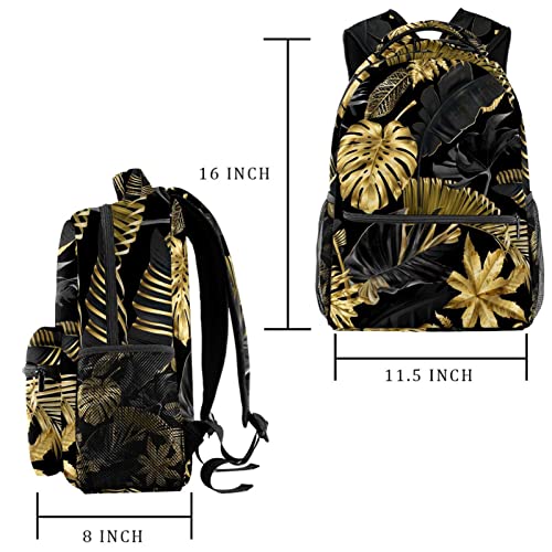 Sac à dos voyage noir et doré à motif tropical pour escapades de week-end et cours