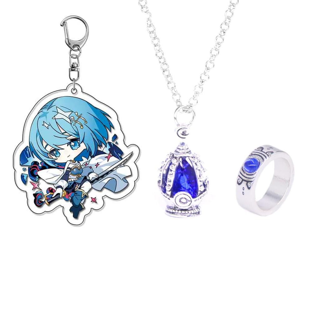 MayDee Madokas Soul Gem Ring, Necklace, Keychain 3pcs Set - Anime Magicas Figure Pendant - Magica Cosplay Accessories (Blue)