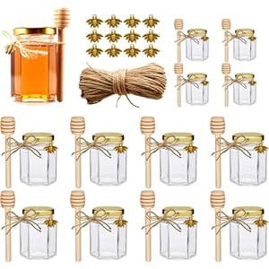 Adabocute 4oz Hexagonal Honey Jars – Glass Honey Jars with Gold Lids, Wooden Dippers, Bee Charms and Jutes – Hexagon Jars for Baby Shower, Wedding and Party Favors, 12 Pack