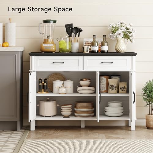 Image of 48 Inches Buffet Cabinet with Storage, Farmhouse Sideboard Buffet w /2 Drawers and 3 Doors, Wood Coffee Bar Cabinet with Adjustable Shelves, Sideboard Storage for Kitchen, Living Room, Off White&Black
