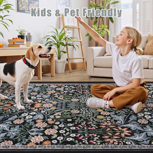Area Rugs 9x12 Living Room: Floral Washable Rug Vintage Large Soft Boho Non-Slip Carpet Indoor Stain Resistant Low Pile Carpets for Bedroom Dining Room Farmhouse Nursery Hallway Home Office Dark Black