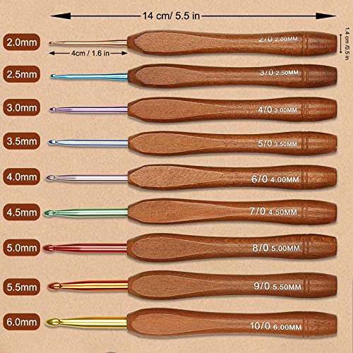 Aeelike Wooden Handle Crochet Hooks Set including Case, 9Pcs 2.0mm-6.0mm Warm, Easy Grip - Image 2