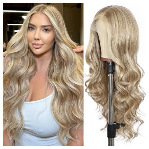 SAPPHIREWIGS Ash Blonde Lace Front Wig 13x4 Synthetic Lace Front Wigs Pre Plucked Highlight Milk Tea Blonde Glueless Long Wavy Wigs for Women Daily Party Use 26 inch