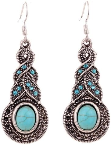 Yazilind Charming Ethnic Tibetan Silver Oval Rimous Turquoise Crystal Drop Dangle Earrings