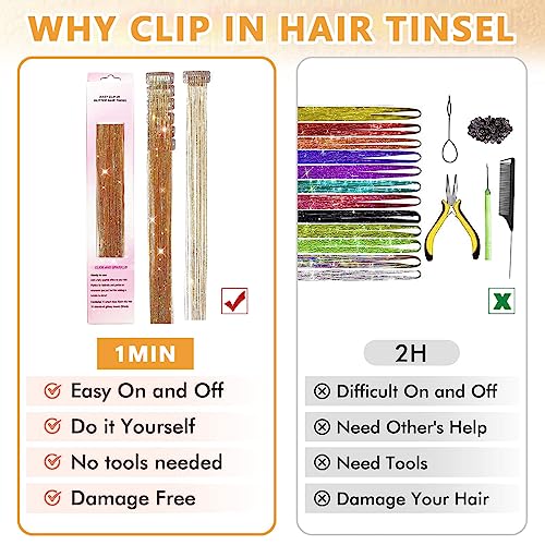 Image of MAYCREATE 6pcs Hair Tinsel Extensions, Brown Glitter Tinsel Strands, 20.5 inch Clip-on Shiny Tinsel Hair Extension, Heat Resistant Fairy Hair Glitter Kit for Women Girls Halloween Cosplay Party