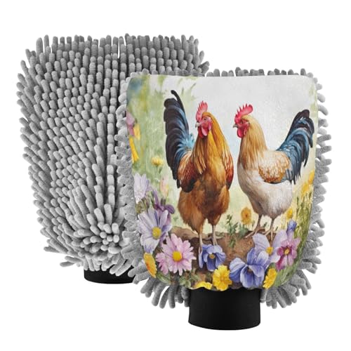 Flradish 2 Pack Farmhouse Rooster Car Wash Mitt Chenille Microfiber Lint-Free Scratch Free Ultra-Soft Absorbent Car Wash Mitt 10.2x7.09 Inch
