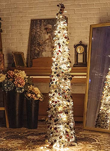 HJHIWE, Albero di Natale artificiale pieghevole con supporto, glitterato, facile da montare; una decorazione per interni ed esterni adatta per feste di Natale e carnevale - 2