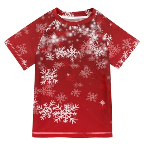 Aflyko Christmas Boys' Swim Shirt White Snowflake Red Xmas Rash Guard Beachwear Sun Protection Fishing Hiking Camping Surfing Swimming Toddler Infant Summer Daily T-Shirt, 4T