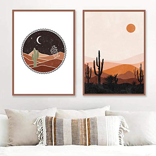 Peinture Toile Cactus Désert pour Salon Bohème Chaleureux au Style Orange Brûlé