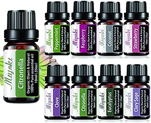 Miyuki Citronella & 8 Pack Essential Oil Set Organic Natural Therapeutic Grade Aromatherapy Oil for Diffuser Humidifier Peppermint Clove Citronella Eucalyptus Clary Sage Raspberry Coconut Strawberry