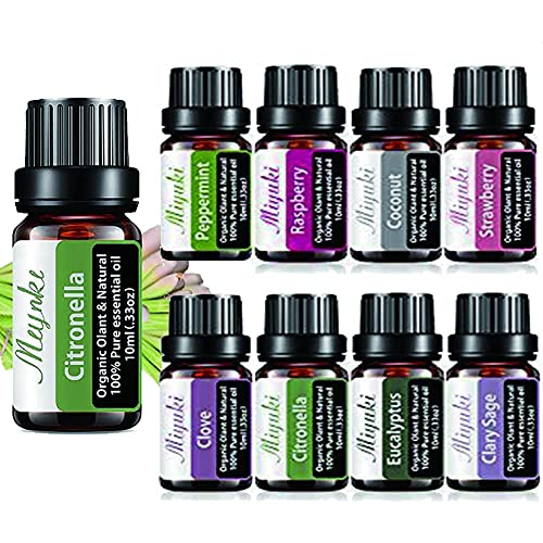 Miyuki Citronella & 8 Pack Essential Oil Set Organic Natural Therapeutic Grade Aromatherapy Oil For Diffuser Humidifier Peppermint Clove Citronella Eucalyptus Clary Sage Raspberry Coconut Strawberry #TOP3