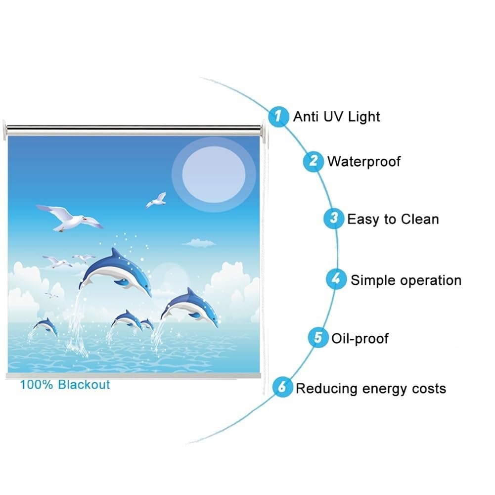 Store à rouleau occultant motif dauphin pour fenêtres, isolation thermique, protection UV, tissu imperméable pour la maison et le bureau, brise-vue