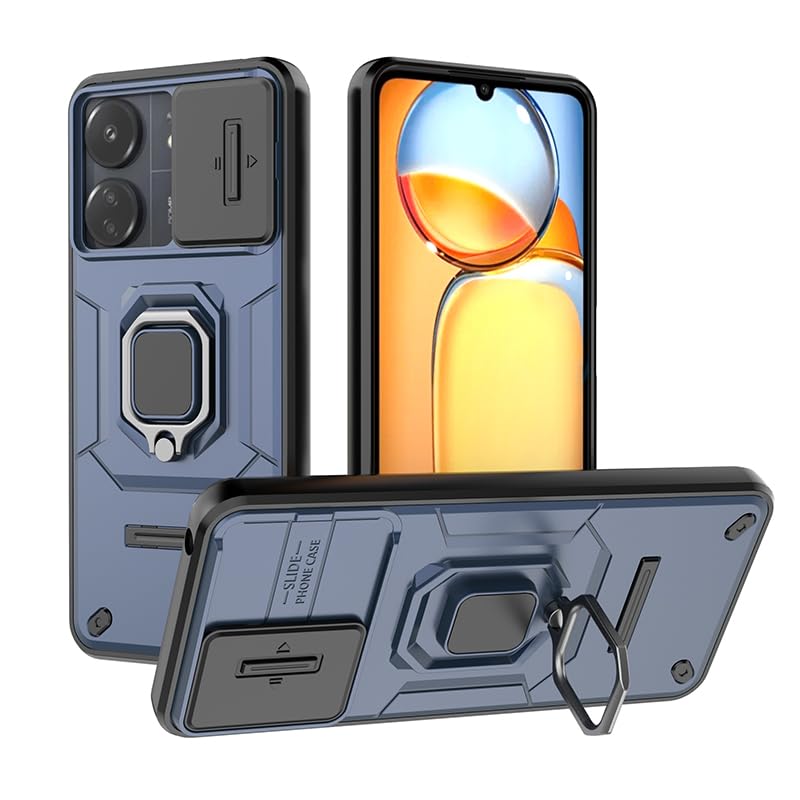 Image of CamShield Pro Case with Slide Camera Protection and 360 Protection Ring Stand Bumper Back Case Cover for Poco C65 (Blue)