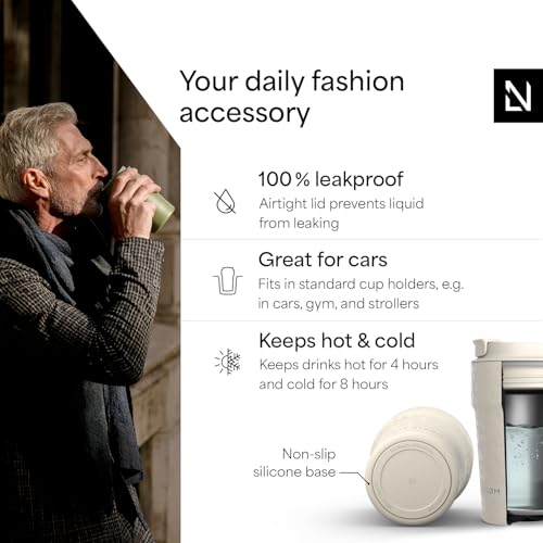 Image of LARS NYSOM Thermo Coffee Mug to go 13oz | Travel Mug 0.38 Liter with Insulation | Silicone grip base | Leak Proof Stainless Steel Tumbler for Coffee and Tea on the Go (Beige, 13oz)