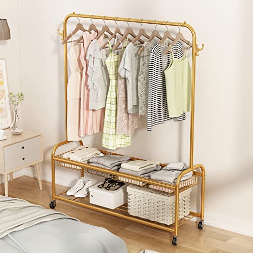 Thick Forest Gold Clothes Rack Gold Clothing Rack Gold Garment Rack Rolling Organizer With Wheels Bottom Shelves Double Tiers For Multipurpose #TOP1