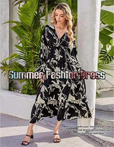 Missky Casual Boho Floral Printed Sexy V Neck Long Sleeve High Waist Maxi Dresses,Black Xl #TOP1