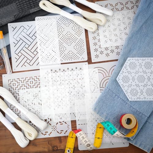 Image of 37 Pcs Sashiko Thread Kit Sashiko Needles Cotton Thimble Sashiko Patterns Embroidery Projects for Sewing Hand Quilting Mending Supplies (White)
