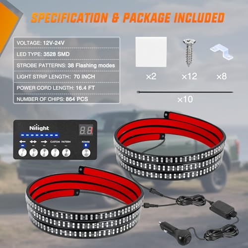 Image of Nilight 2PCS 70 Inch Emergency Strobe Light Strip with Controller 864 LED Red Running Board Lights Flexible Side Flashing Warning Caution Safety Waterproof for Truck Construction Pickup