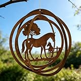 WRQIOO Windspiel Garten Rostoptik, Windspiel Pferd Edelrost mit Fohlen, 3D Wind-Spiel aus Metall für Outdoor, Balkon, Geschenk für Pferdeliebhaber