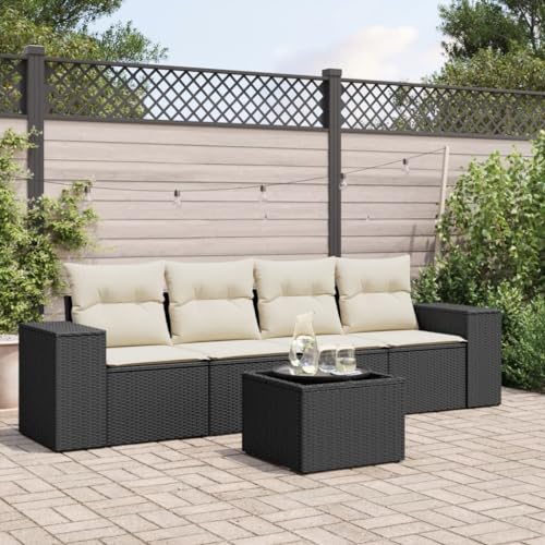 zylophax 5 Piece Garden Sofa Set Black, Cream White Poly